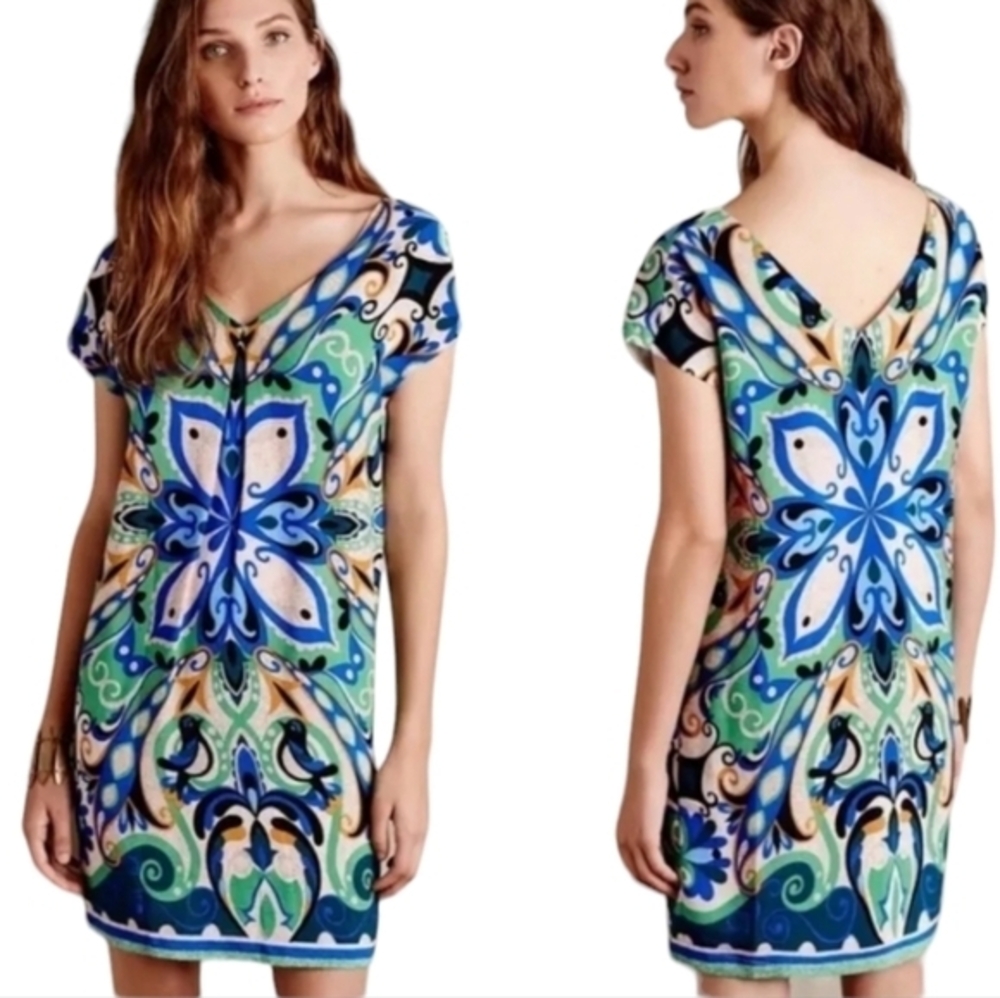 ANTHROPOLOGIE MAEVE BLUE GREEN FOLKSONG‎ BIRD SHIFT DRESS SMALL